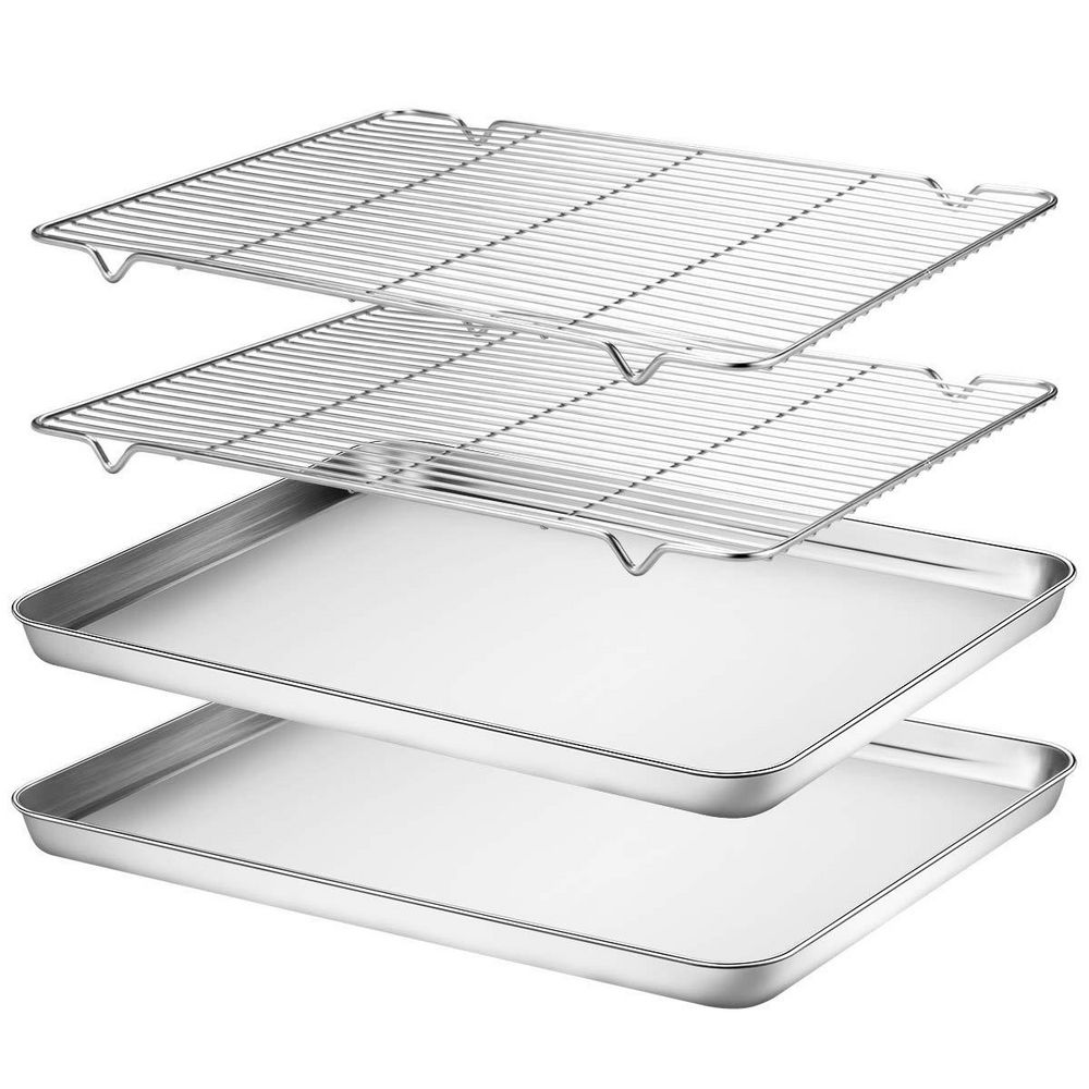 16 in. W x 12 in. D x 1 in. H Warp-Resistant 4-Piece Stainless Steel Baking Sheet & Cooling Rack Set, Non Toxic