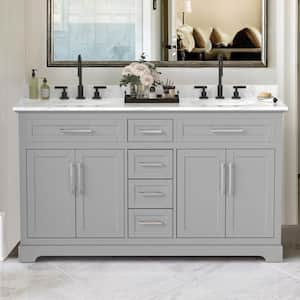 Washington 60 in. W x 21.5 in. D x 35 in. H Double Sink Freestanding Bath Vanity in Gray with White Carrara Marble Top