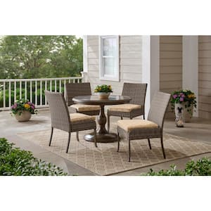 Windsor 5-Piece Brown Wicker Round Outdoor Patio Dining Set with CushionGuard Toffee Trellis Tan Cushions