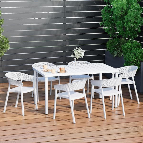 Frond and Form Outdoor Patio Modern 7-Piece Rectangular Steel Table, 6 Stackable HDPE Plastic Chairs Dining Set, White