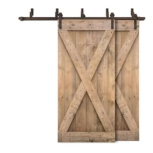 56 in. x 84 in. X Bypass Light Brown Stained DIY Solid Wood Interior Double Sliding Barn Door with Hardware Kit