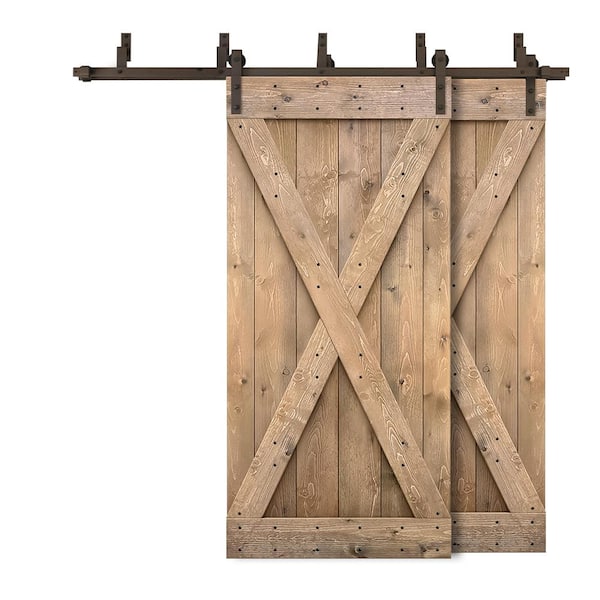 CALHOME 56 in. x 84 in. X Bypass Light Brown Stained DIY Solid Wood Interior Double Sliding Barn Door with Hardware Kit