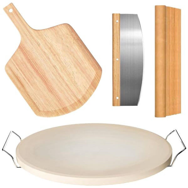 5-Piece 13 in. OAK Solid Wood Round Pizza Stone Set, Pizza Stone for Oven and Grill with Pizza Peel, for Pizza Bread