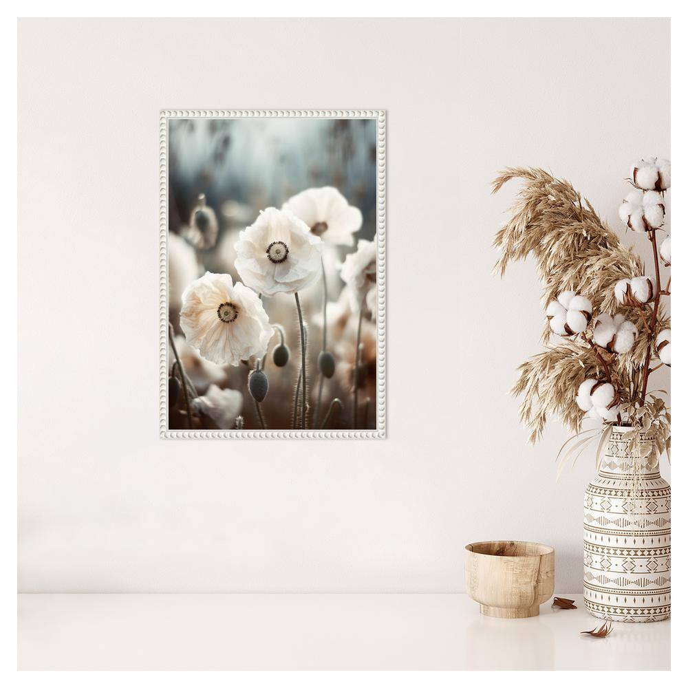 White Poppy Field Beaded Framed Canvas Wall Art