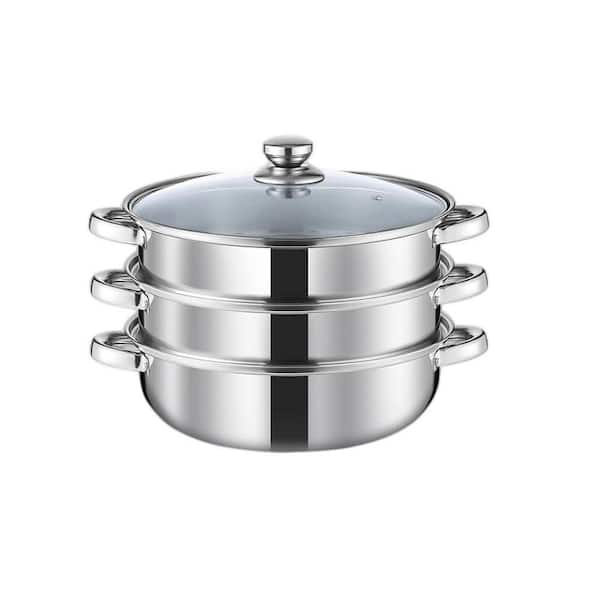 3-Tier Stainless Steel Steamer Pot Set with Glass Lid and Handles for Multipurpose Vegetable Seafood Cooking
