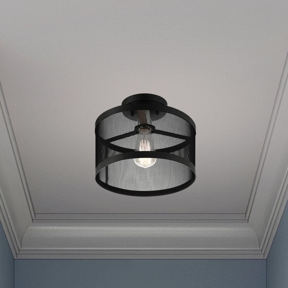 Modern Indoor/Outdoor LED Drum Semi-Flush Mount in Black & Brushed Nickel
