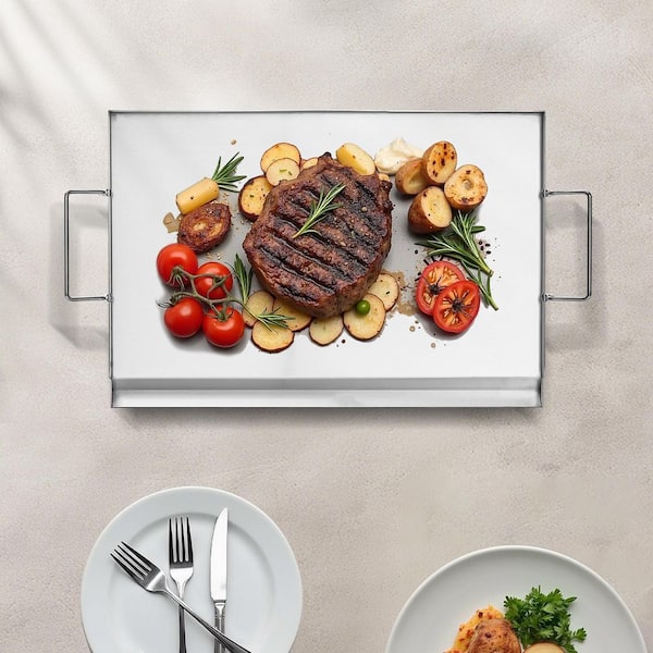 Stainless Steel Griddle, Portable Family Cookware with Handle, 23x16 in. Universal Flat Top Rectangular Plate,