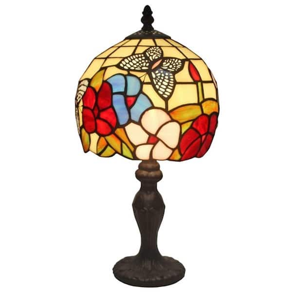 Amora Lighting 14.5 in. Tiffany Style Flowers and Butterflies Design Table Lamp