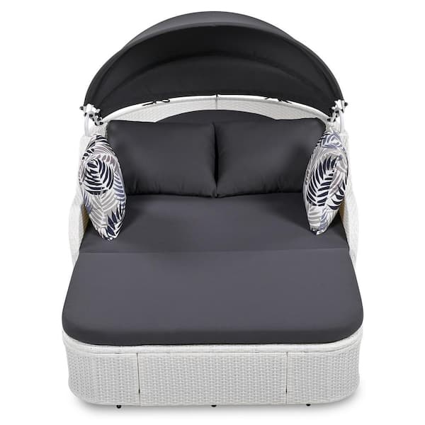 ToolCat White Wicker Outdoor Day Bed with Adjustable Canopy and Gray Cushion