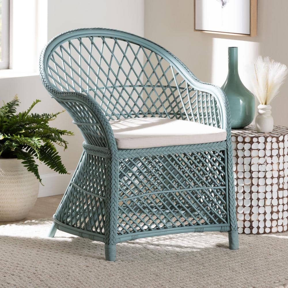 Handcrafted Light Blue Rattan Accent Chair with Cushion