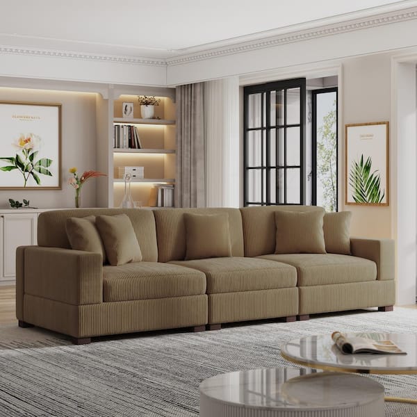 117 in. Square Arm 3-piece Corduroy Upholstered 3-Seats Sectional Sofa in. Camel with Five Pillows