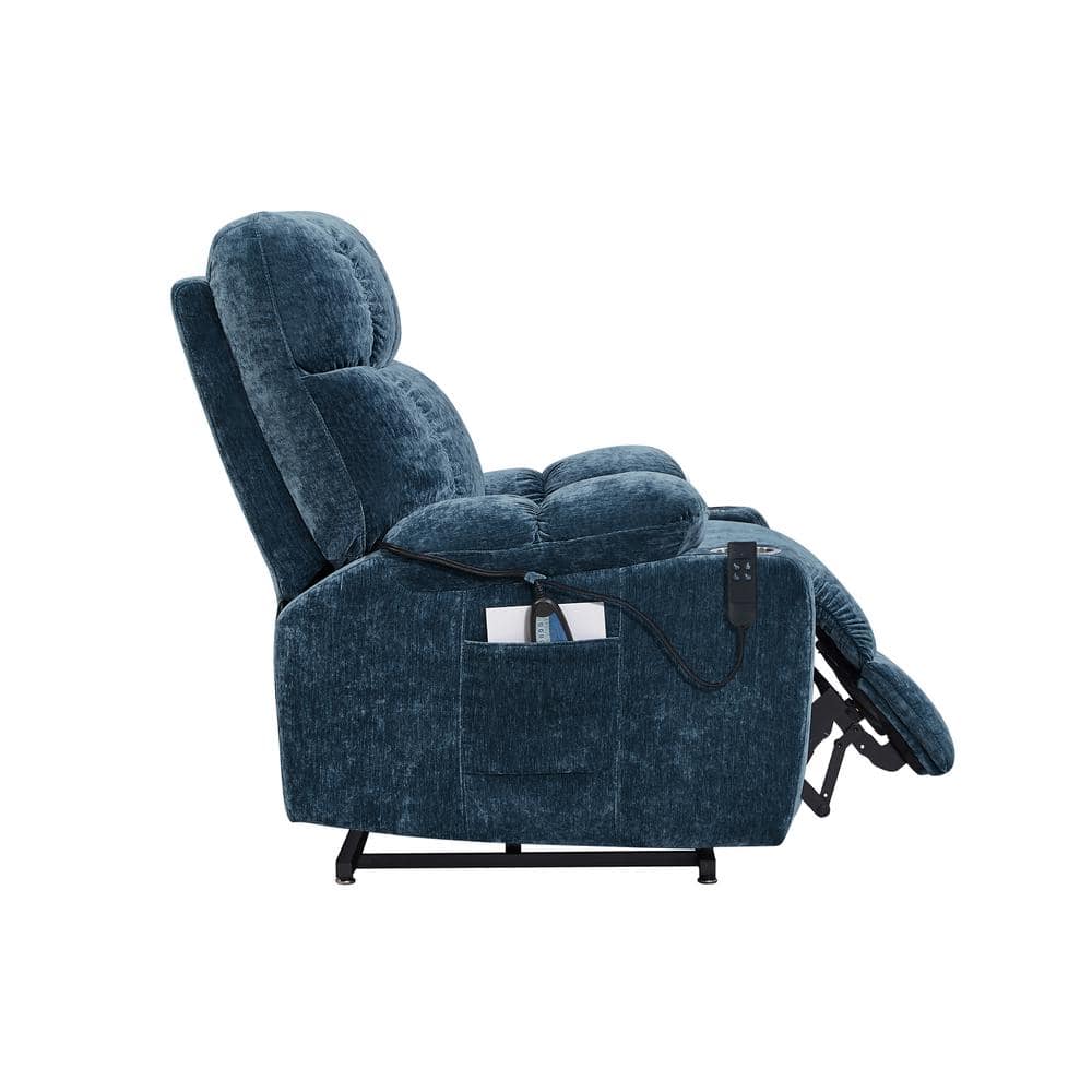 Blue Fabric 180° Adjustable Massage Chair with 8-Point Vibration, Dual Motor Power Lift, 2-Cup Holders, Side Pockets