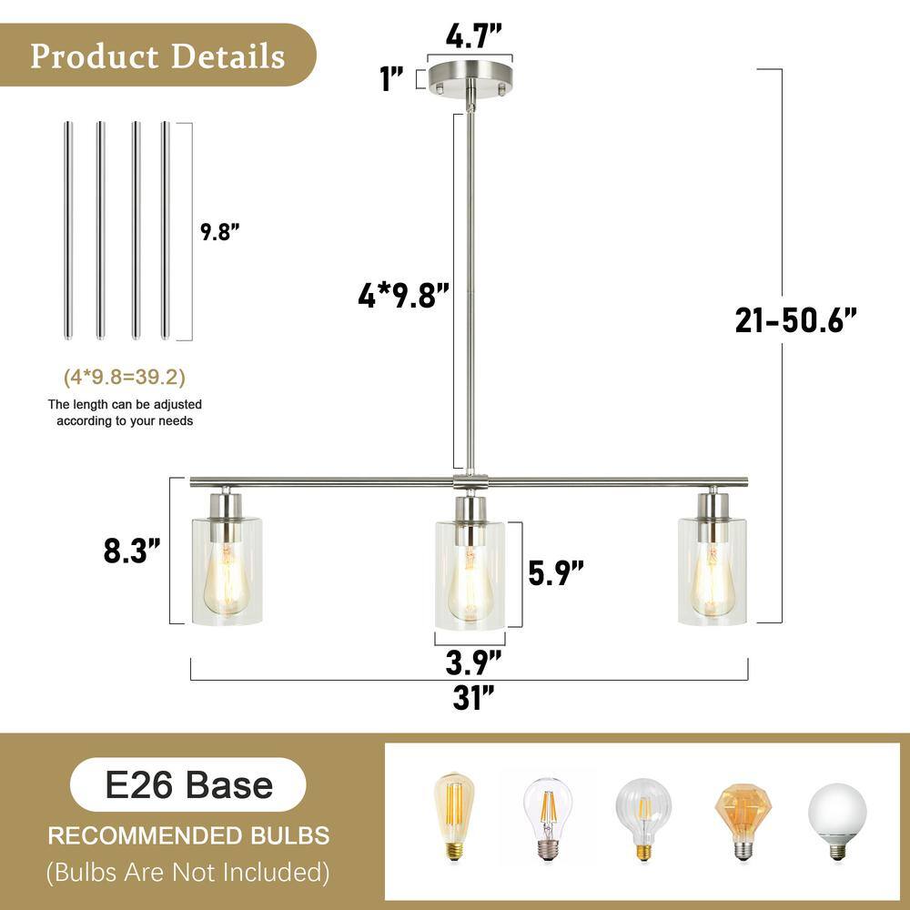 Nickel 3-Light Linear Pendant with Clear Glass Shades