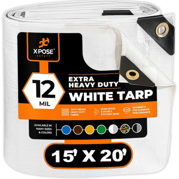 XPOSE SAFETY Heavy Duty White Poly Tarp 15 ft. x 20 ft. Multipurpose Protective Cover Durable Extra Thick 12 Mil Polyethylene