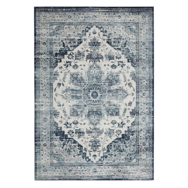GlowSol Blue 8 ft. x 10 ft. Machine Washable Floral Indoor Area Rug