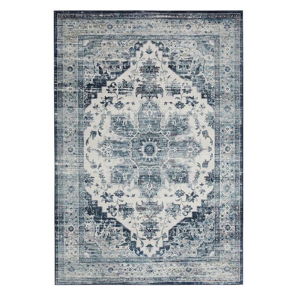 Garvee Blue 8 ft. x 10 ft. Machine Washable Floral Indoor Area Rug