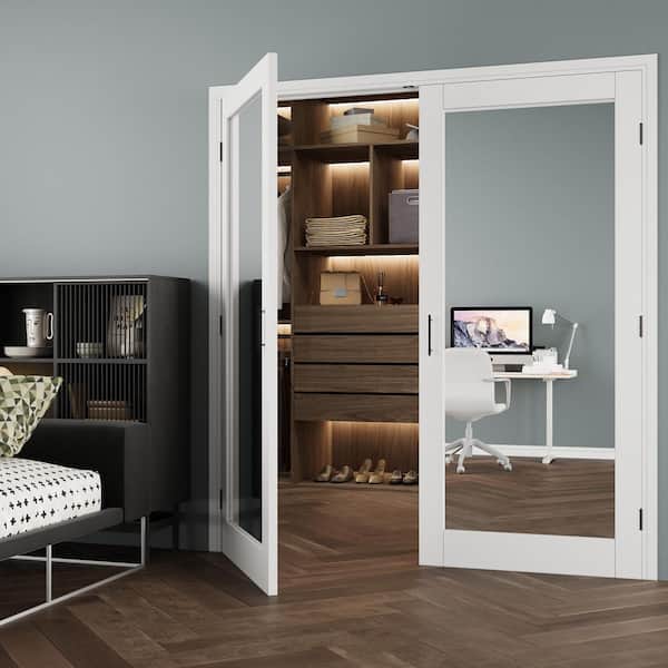 72 in. x 80 in. 1-Lite Mirrored Glass Universal White Solid Core Glass Double Prehung French Door +Quick Jamb&Ball Catch