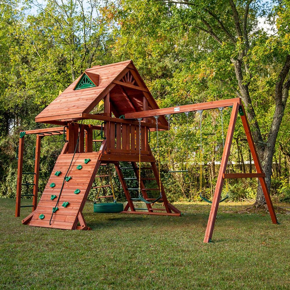 Sun Palace II Redwood Cedar Playground Set with Slide and Swings