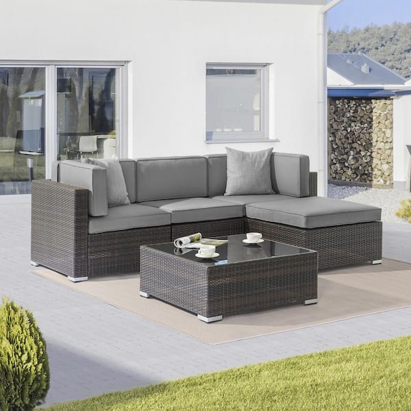 Sonkuki 5-Piece Rattan Wicker Patio Conversation Sectional Seating Set with Gray Cushions