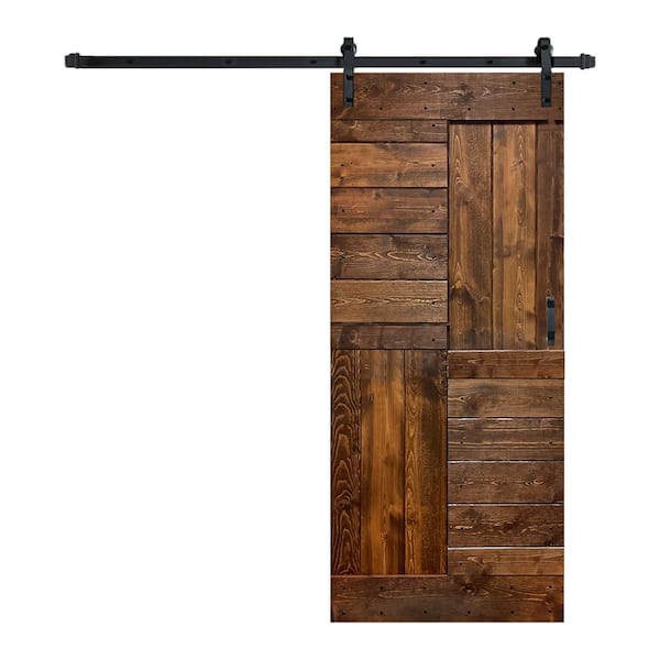 ISLIFE S Series 36 in. x 84 in. Dark Walnut Finished DIY Solid Wood Sliding Barn Door with Hardware Kit