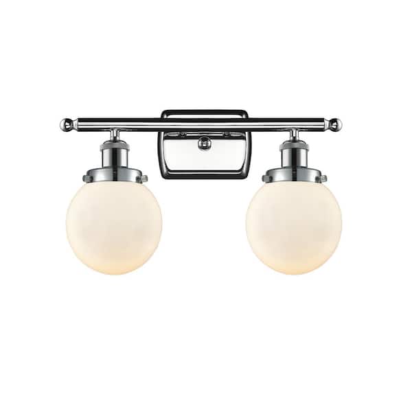 Innovations Beacon 16 in. 2 Light Polished Chrome, Matte White Vanity Light with White Glass Shade
