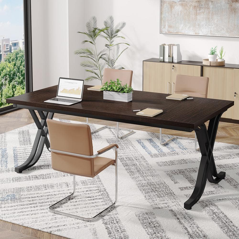 63-Inch Walnut Brown Executive Desk with Metal Frame