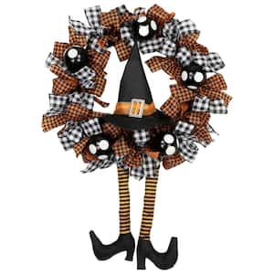 24 in. Orange and Black Witch with Bows Halloween Wreath Unlit