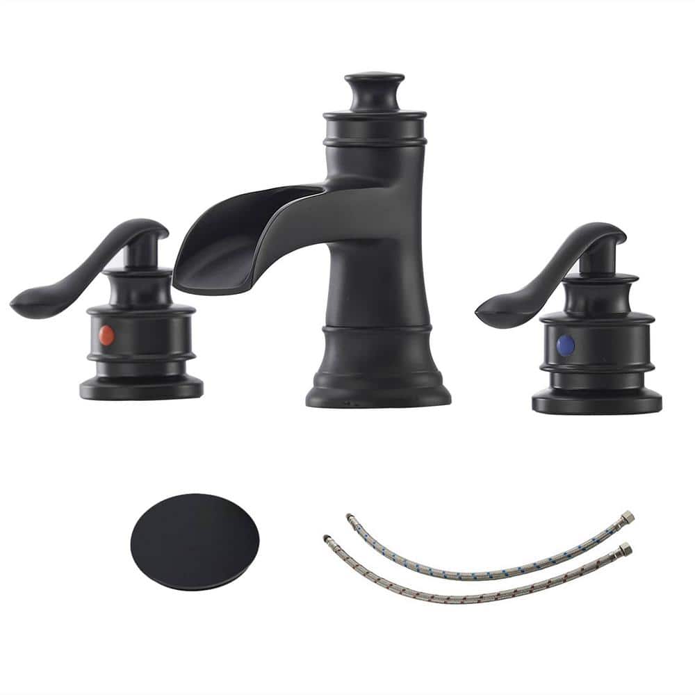 Matte Black Brass 8-Inch Widespread Bathroom Faucet with Drain Kit