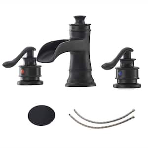 8 in. Widespread Double Handle Waterfall Brass Bathroom Sink Faucet 3 Hole with Pop-Up Drain Assembly Kit in Matte Black