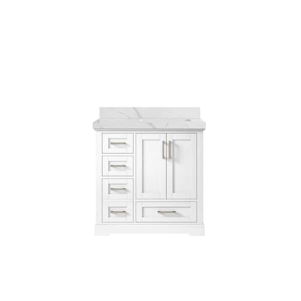 Willow Collections Boston 36 in. W x 22 in. D x 36 in. H Right Offset Sink Bath Vanity in White with 2" Calacatta Quartz Top