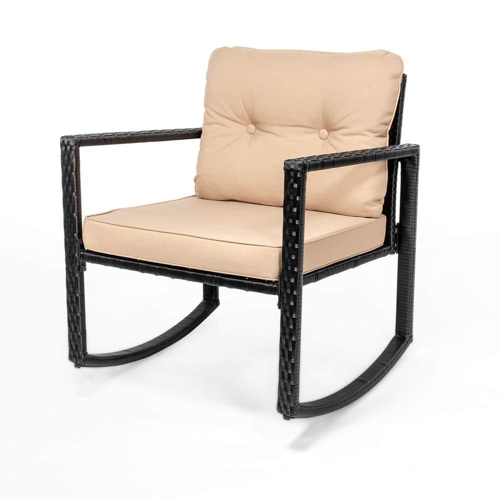 Black Steel and Beige Wicker Rocking Bistro Set with Glass Table