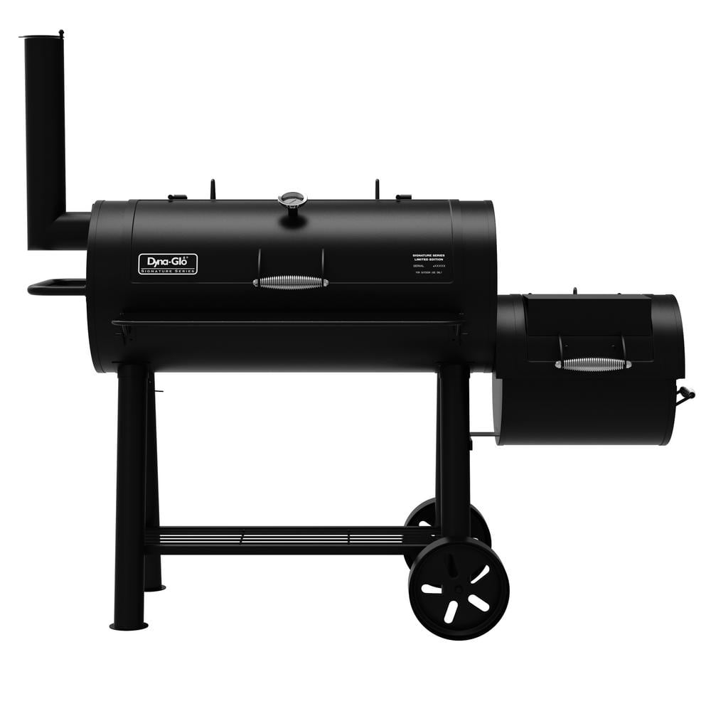 Dyna Glo Signature Heavy Duty Barrel Charcoal Grill And Offset Smoker In Black Dgss962cbo D Kit The Home Depot