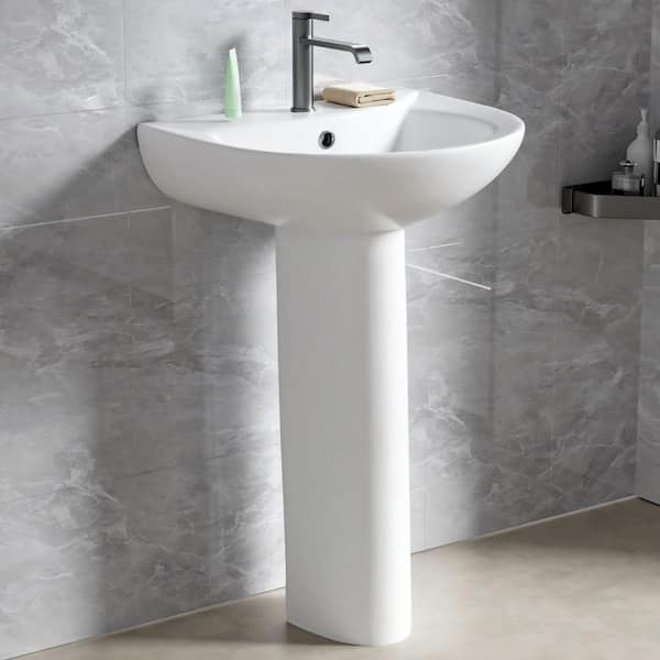 Kuomih 20.2 in. W x 17 in. White Vitreous China Novelty U-Shape Pedestal Bathroom Sink with Overflow Combo Sink 1 Faucet Hole