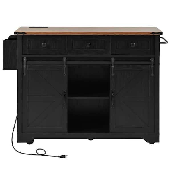 Unbranded Black Wood Countertop 53.75 in. Kitchen Island on 5 Wheels with Drop Leaf, 2 Sliding Barn Door and Spice Rack