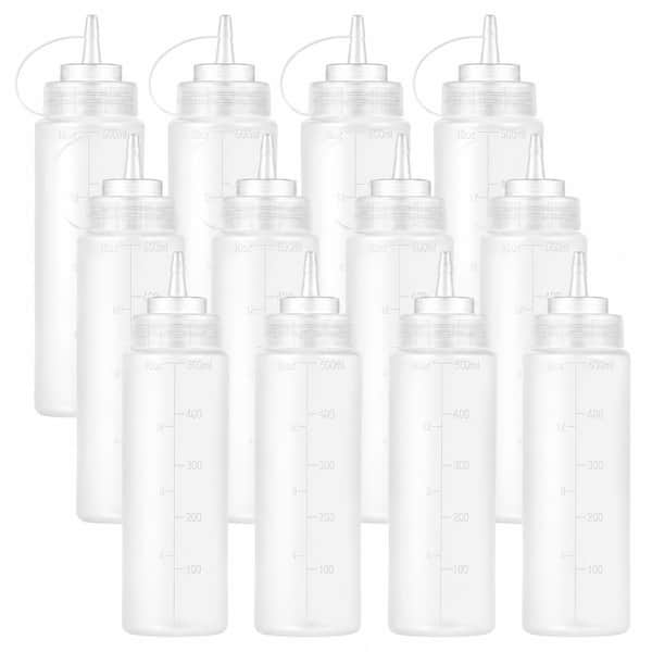 16 oz Clear Plastic Wide-Mouth Squeeze Condiment Bottles with Twist-On Cap Lids and Measurements (Set of 12)