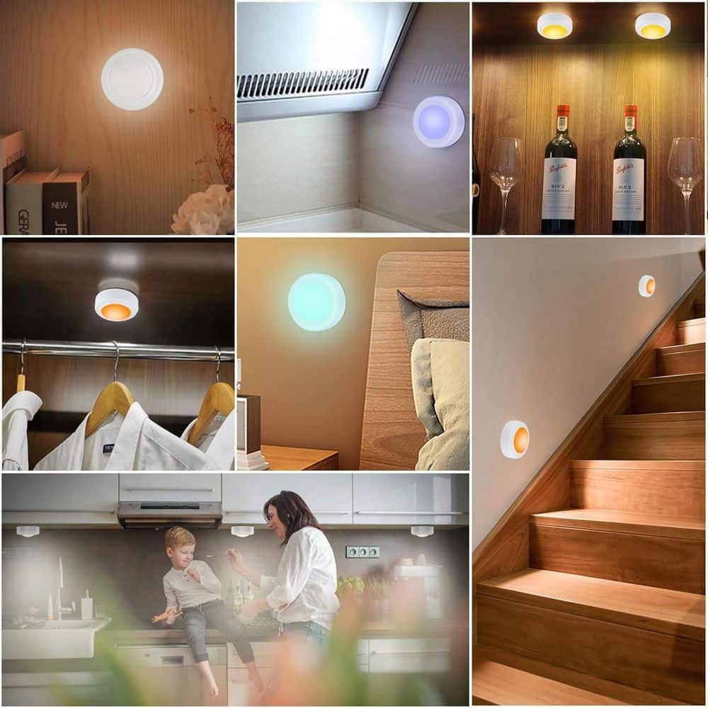 White Plastic Remote-Controlled LED Puck Lights, 12-Pack