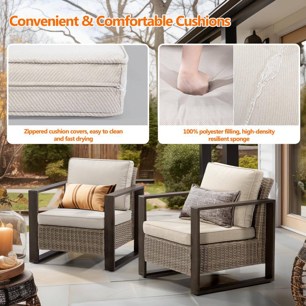 Beige Wicker Outdoor Lounge Chairs with Cushions and Metal Frame