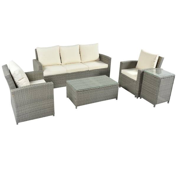 Grey 5-Piece Wicker Outdoor Sectional Set with Beige Cushions ST713B ...