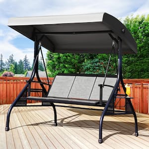 Residential 79.5 in. 660 lbs. 3 Person Black Metal Patio Swing with Gray Textilene Seat and Cup Holder