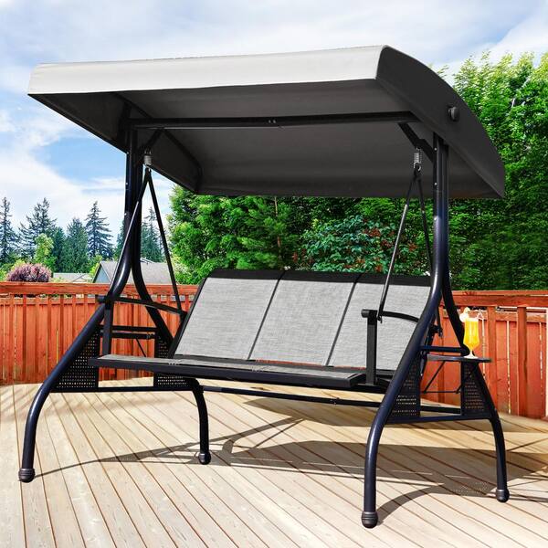 NOBLEMOOD Residential 79.5 in. 660 lbs. 3 Person Black Metal Patio Swing with Gray Textilene Seat and Cup Holder