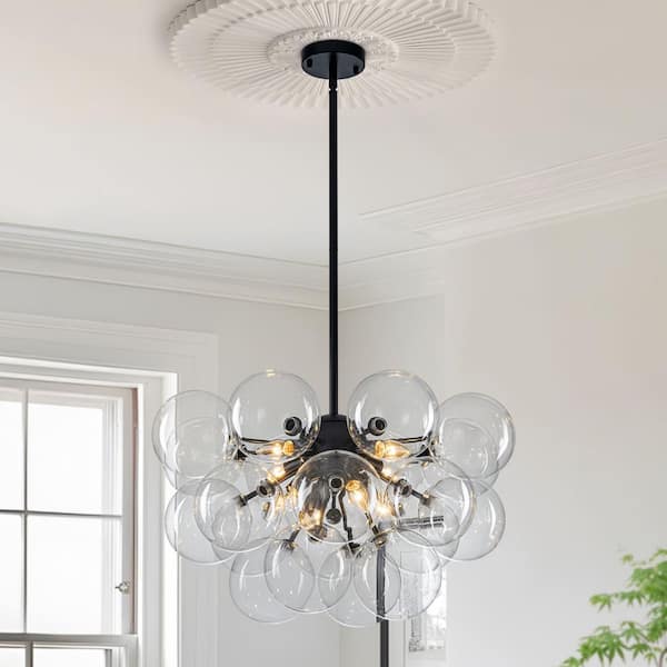 Bublume 8-Light Black Modern Cluster Bubble Globe Chandelier with 20-Clear Glass Shades for Dining Room Living Room
