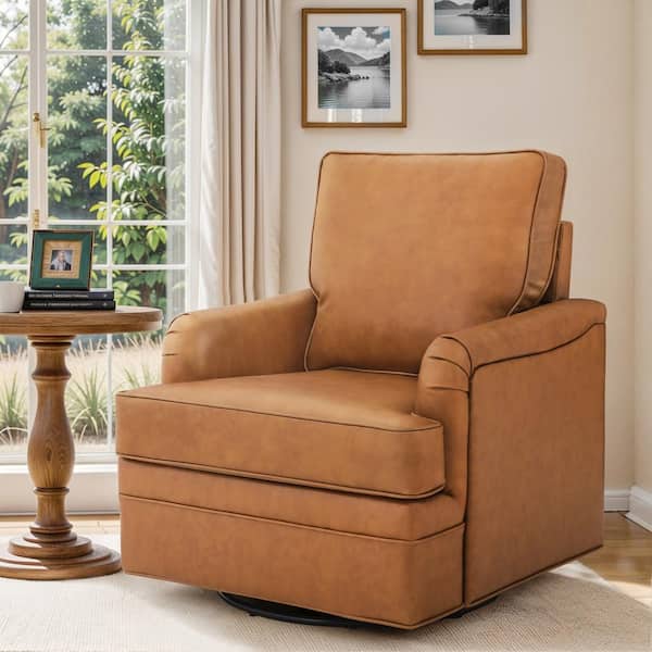 Fabry Brown Mid-Century Genuine Leather Swivel Accent Chair Modern Armchair Upholstered Barrel Chair with Metal Base