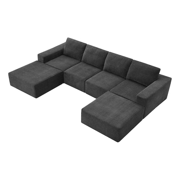 110 in. Fully Compressed Chenille Upholstered Sectional Sofa in. Dark Gray