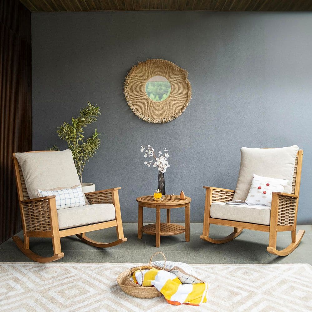 Luton 3-Piece Premium Indonesia Teak Outdoor Rocking Chair Set with Tan Cushion
