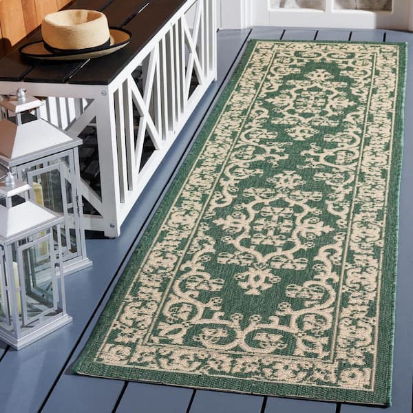 Courtyard Dark Green/Beige 2 ft. x 8 ft. Medallion Floral Indoor/Outdoor Runner Rug