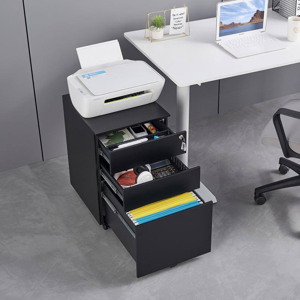 Black Mobile 3-Drawer Lockable Metal Filing Cabinet
