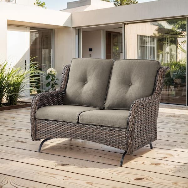 Pocassy 2-Person Wicker Outdoor Patio Glider Couch with Deep Seating and Cushions, Suitable for Porch Deck Balcony (Brown/Gray)