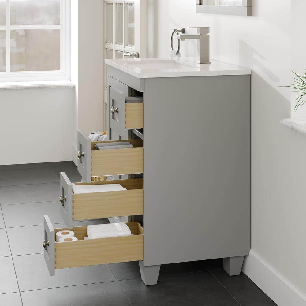 Gray Solid Wood Bathroom Vanity with White Quartz Top, 24-inch