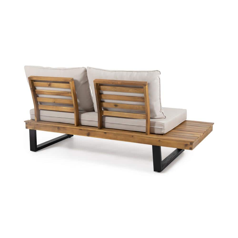 Teak Brown Four-Seater Sectional with Beige Cushions and Coffee Table