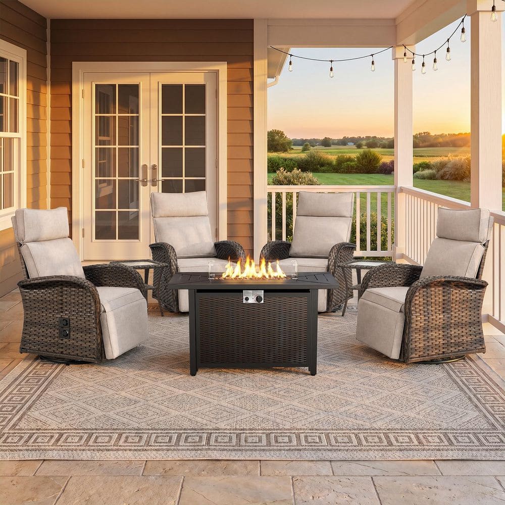 Carlos 7-Piece Patio Fire Pit Conversation Set with Swivel Recliner Chair, Outdoor Sofa Seating Sets with Beige Cushions price history on PriceWatchPro